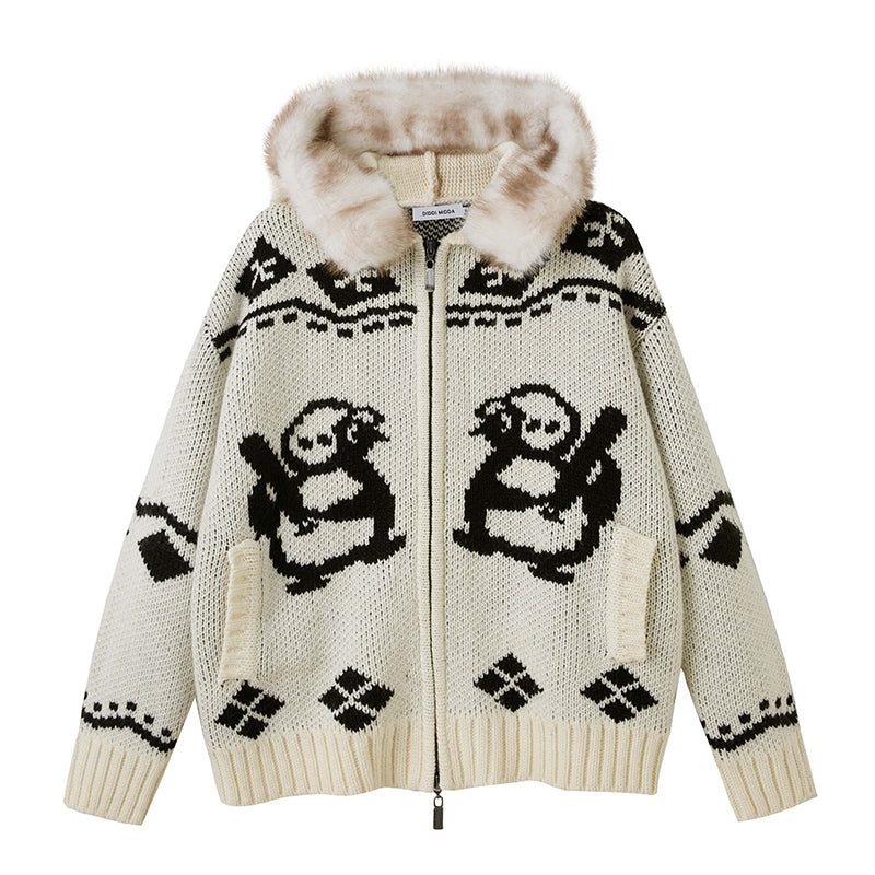 Jacquard Penguin Knit Hoodie With Removable Fur