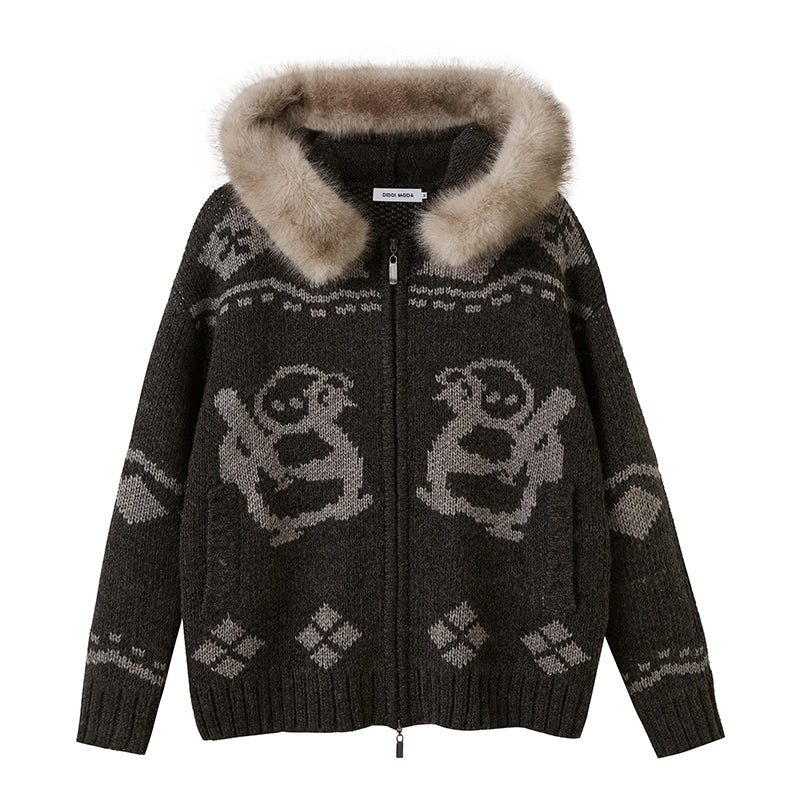Jacquard Penguin Knit Hoodie With Removable Fur