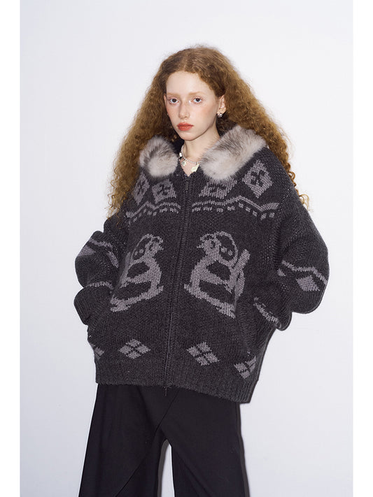 Jacquard Penguin Knit Hoodie With Removable Fur