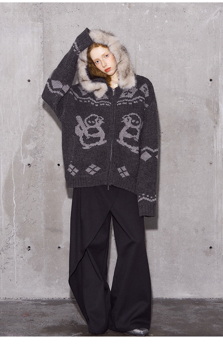 Jacquard Penguin Knit Hoodie With Removable Fur