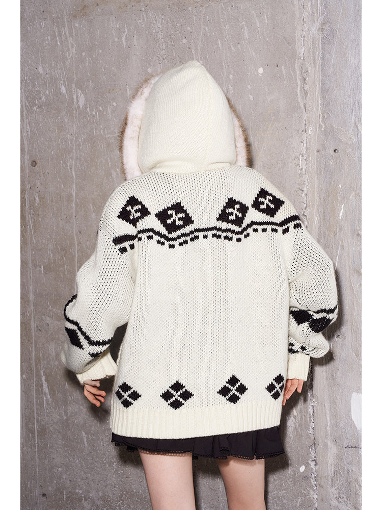 Jacquard Penguin Knit Hoodie With Removable Fur