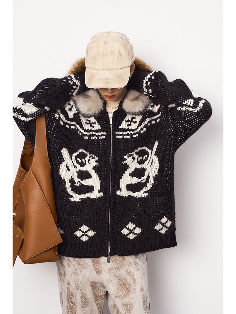 Jacquard Penguin Knit Hoodie With Removable Fur