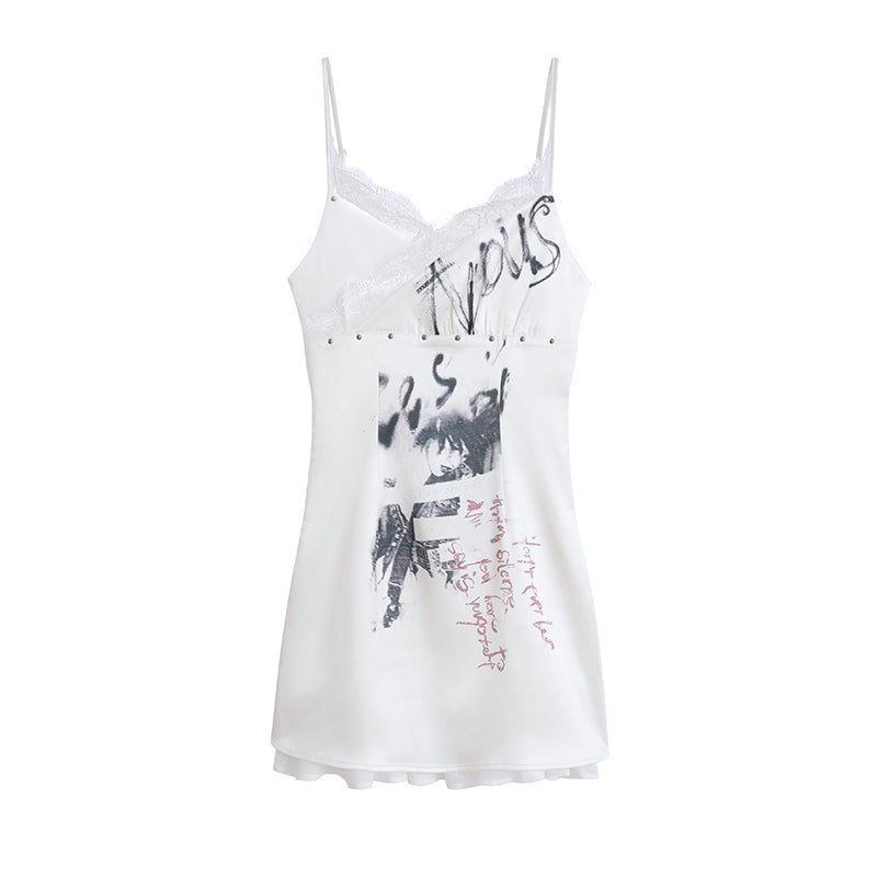 Lace Trim Graffiti Satin Cami Dress