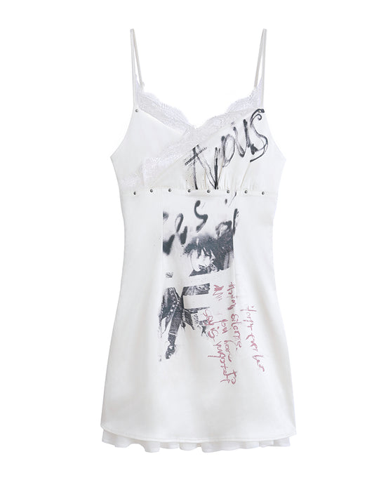 Lace Trim Graffiti Satin Cami Dress