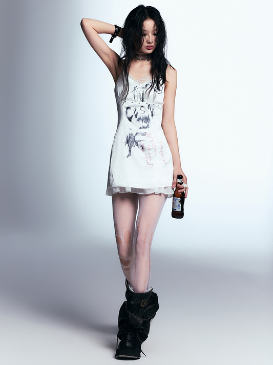 Lace Trim Graffiti Satin Cami Dress