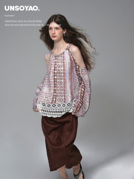 Cold Shoulder Multi Patterned Lace Hem Top