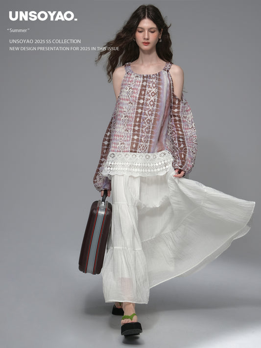 Cold Shoulder Multi Patterned Lace Hem Top