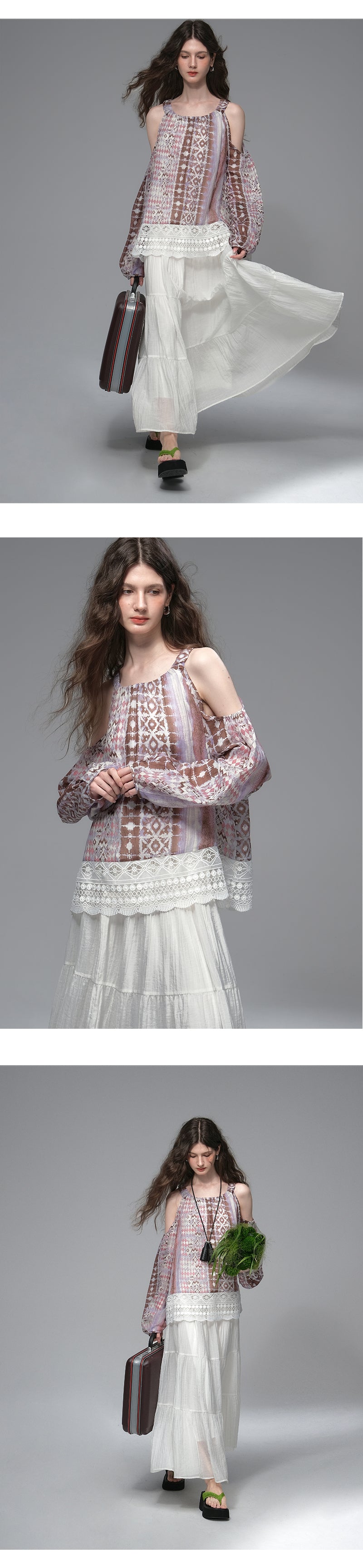 Cold Shoulder Multi Patterned Lace Hem Top