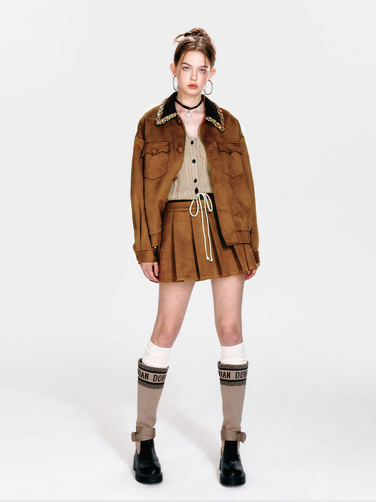 Pleated Faux Suede Mini Skirt With Drawstring