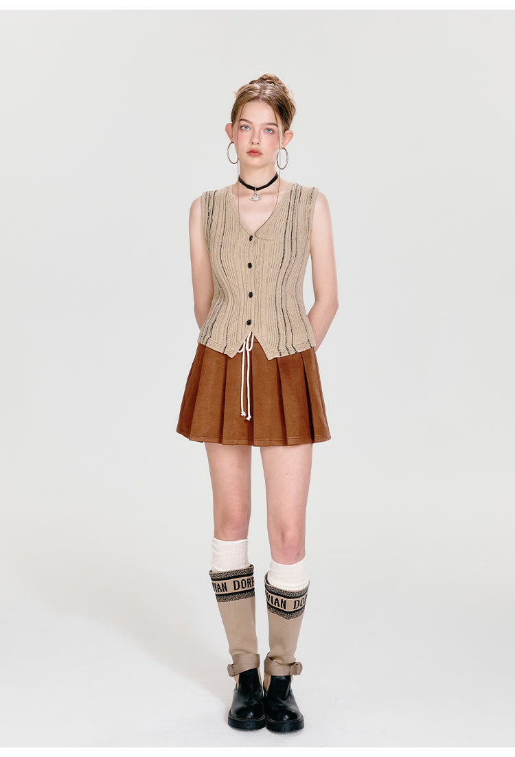 Pleated Faux Suede Mini Skirt With Drawstring