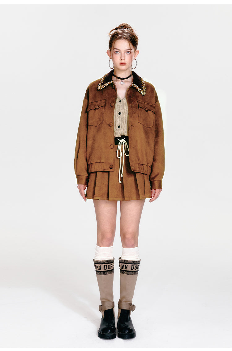 Pleated Faux Suede Mini Skirt With Drawstring