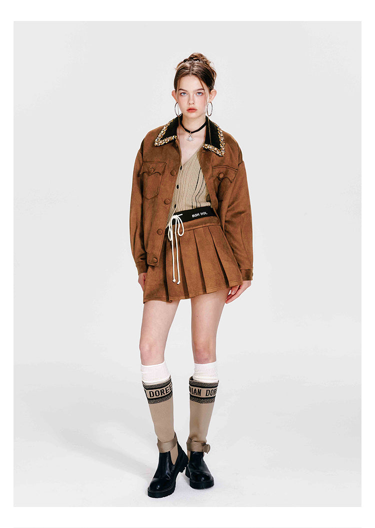 Pleated Faux Suede Mini Skirt With Drawstring