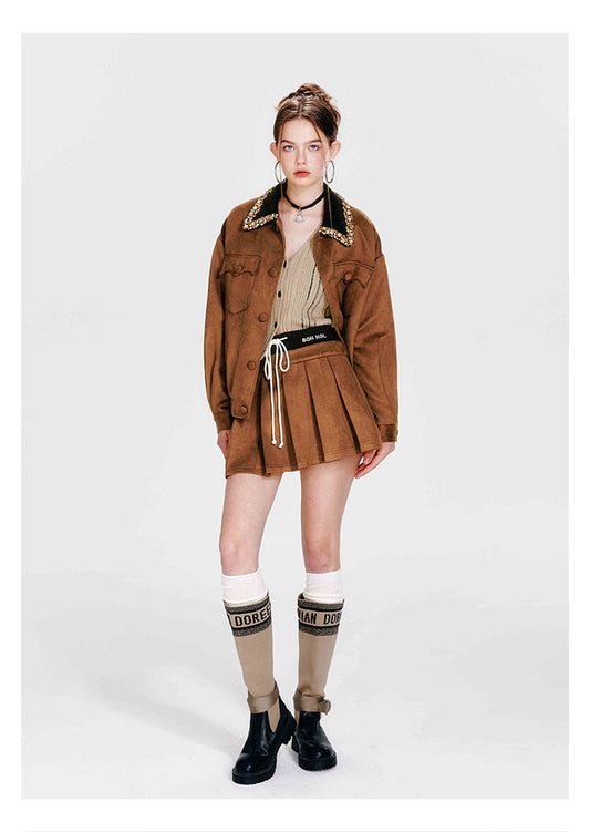 Pleated Faux Suede Mini Skirt With Drawstring