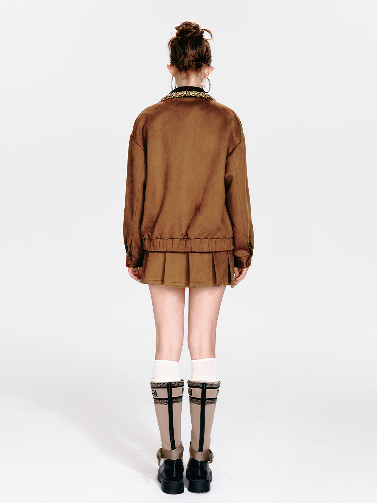 Pleated Faux Suede Mini Skirt With Drawstring