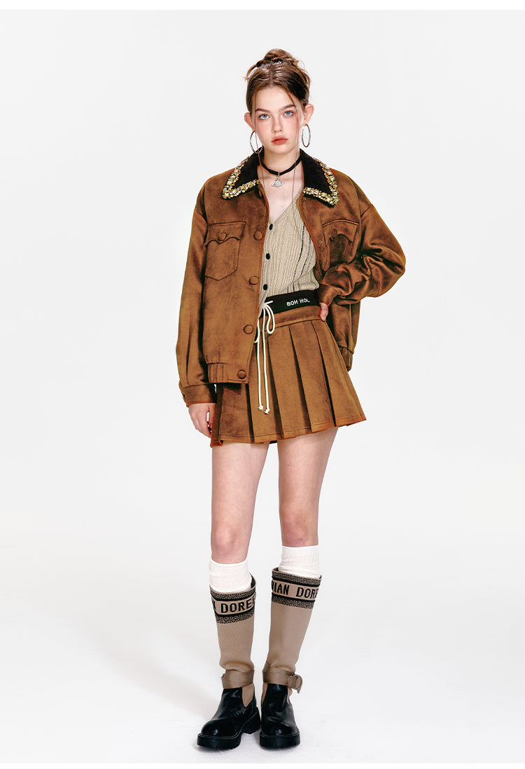 Pleated Faux Suede Mini Skirt With Drawstring