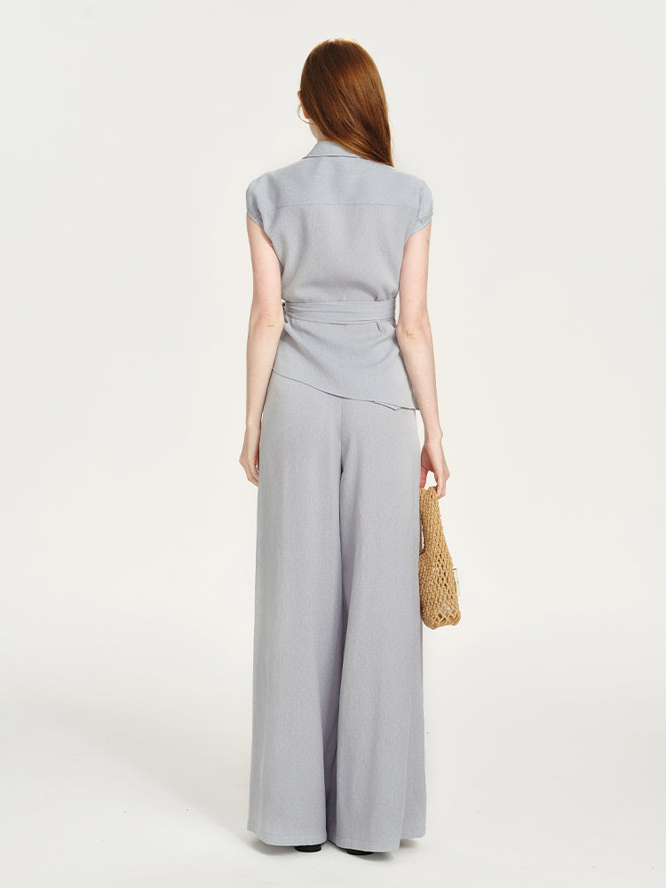 Fluid Collared Wrap Top & Wide-Leg Pants