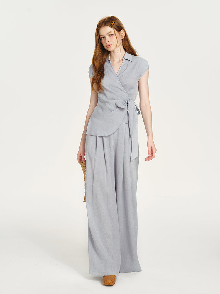 Fluid Collared Wrap Top & Wide-Leg Pants
