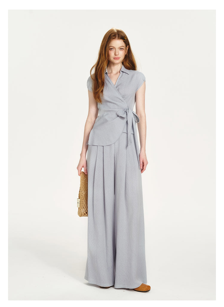 Fluid Collared Wrap Top & Wide-Leg Pants