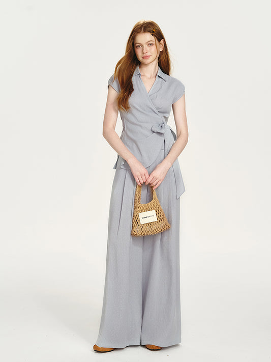 Fluid Collared Wrap Top & Wide-Leg Pants