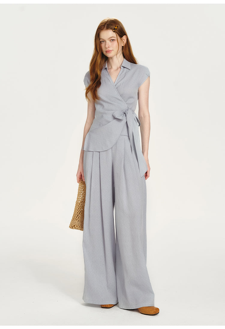 Fluid Collared Wrap Top & Wide-Leg Pants