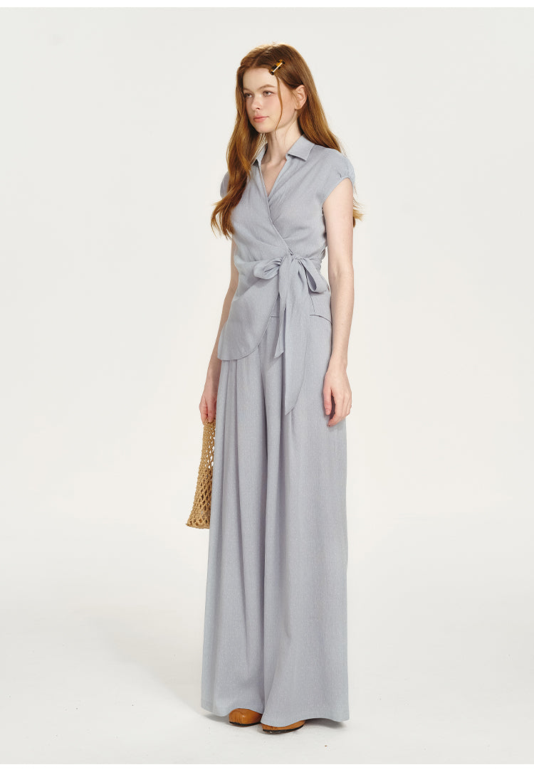 Fluid Collared Wrap Top & Wide-Leg Pants