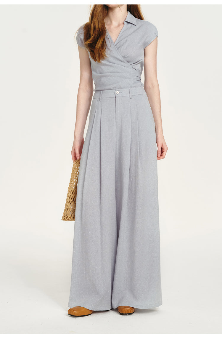 Fluid Collared Wrap Top & Wide-Leg Pants