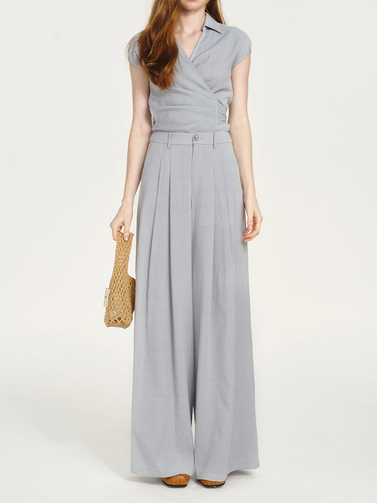 Fluid Collared Wrap Top & Wide-Leg Pants