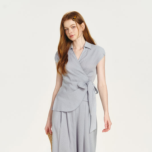 Fluid Collared Wrap Top & Wide-Leg Pants