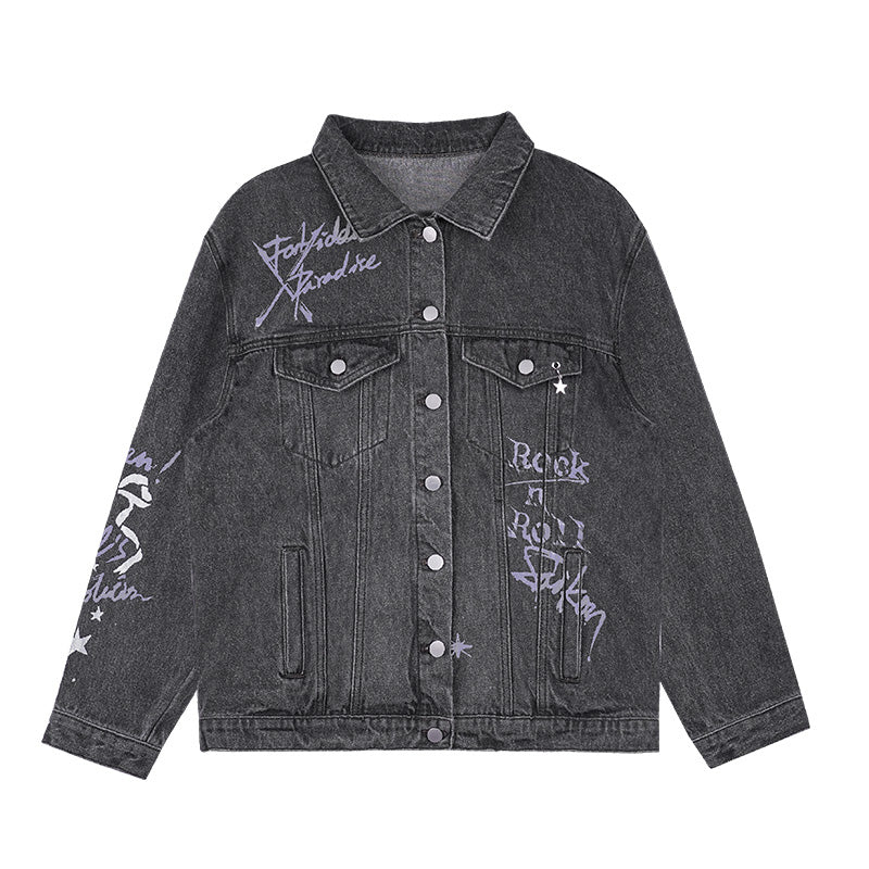 Washed Denim Jacket With Rock Graffiti Print