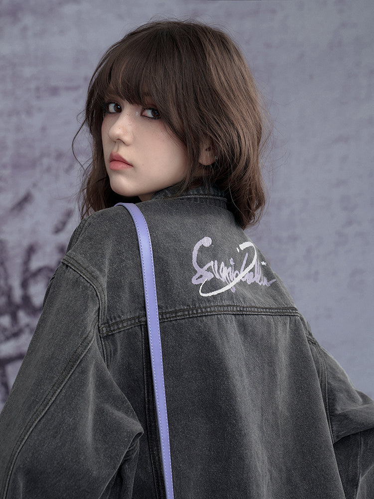 Washed Denim Jacket With Rock Graffiti Print