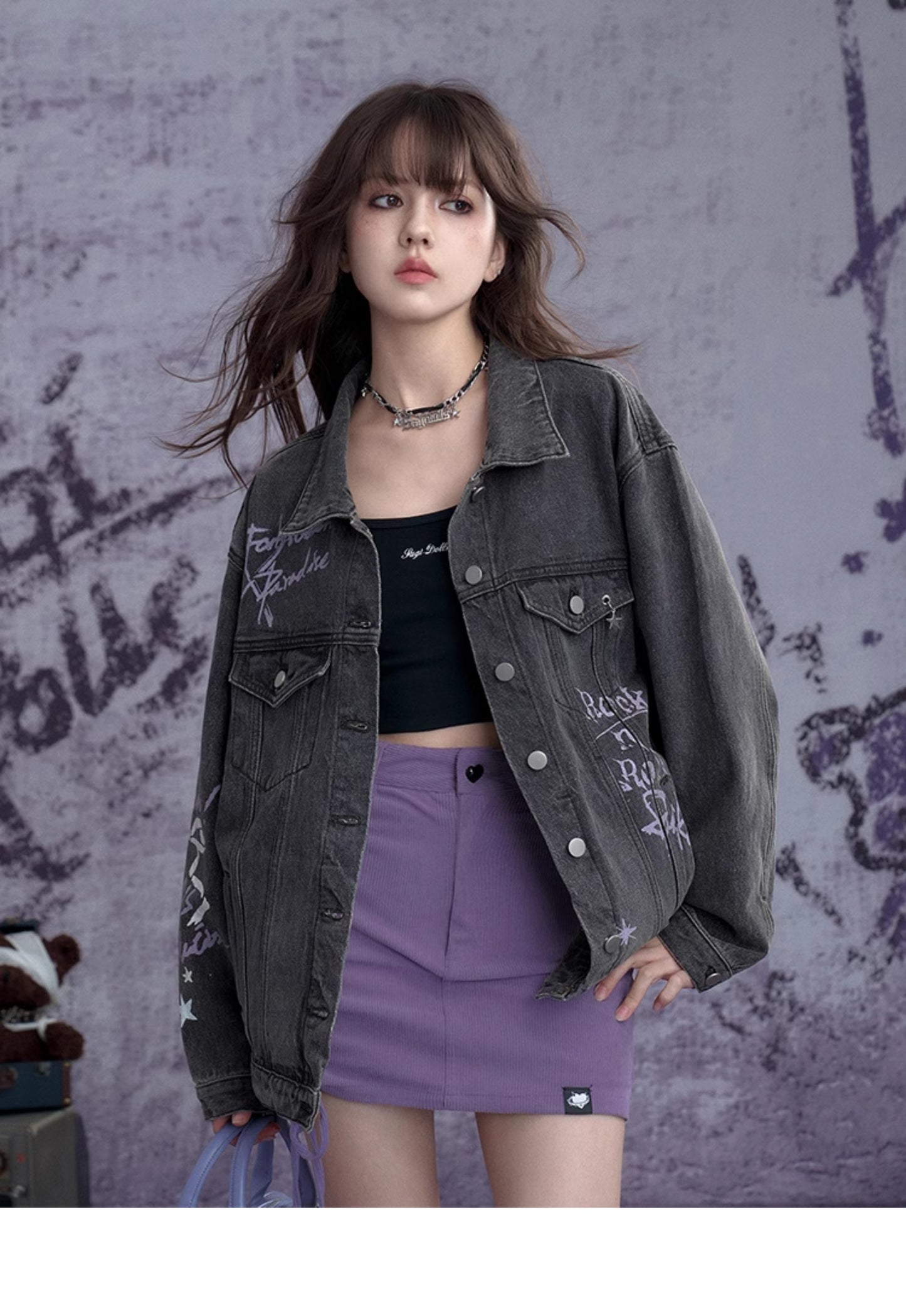 Washed Denim Jacket With Rock Graffiti Print