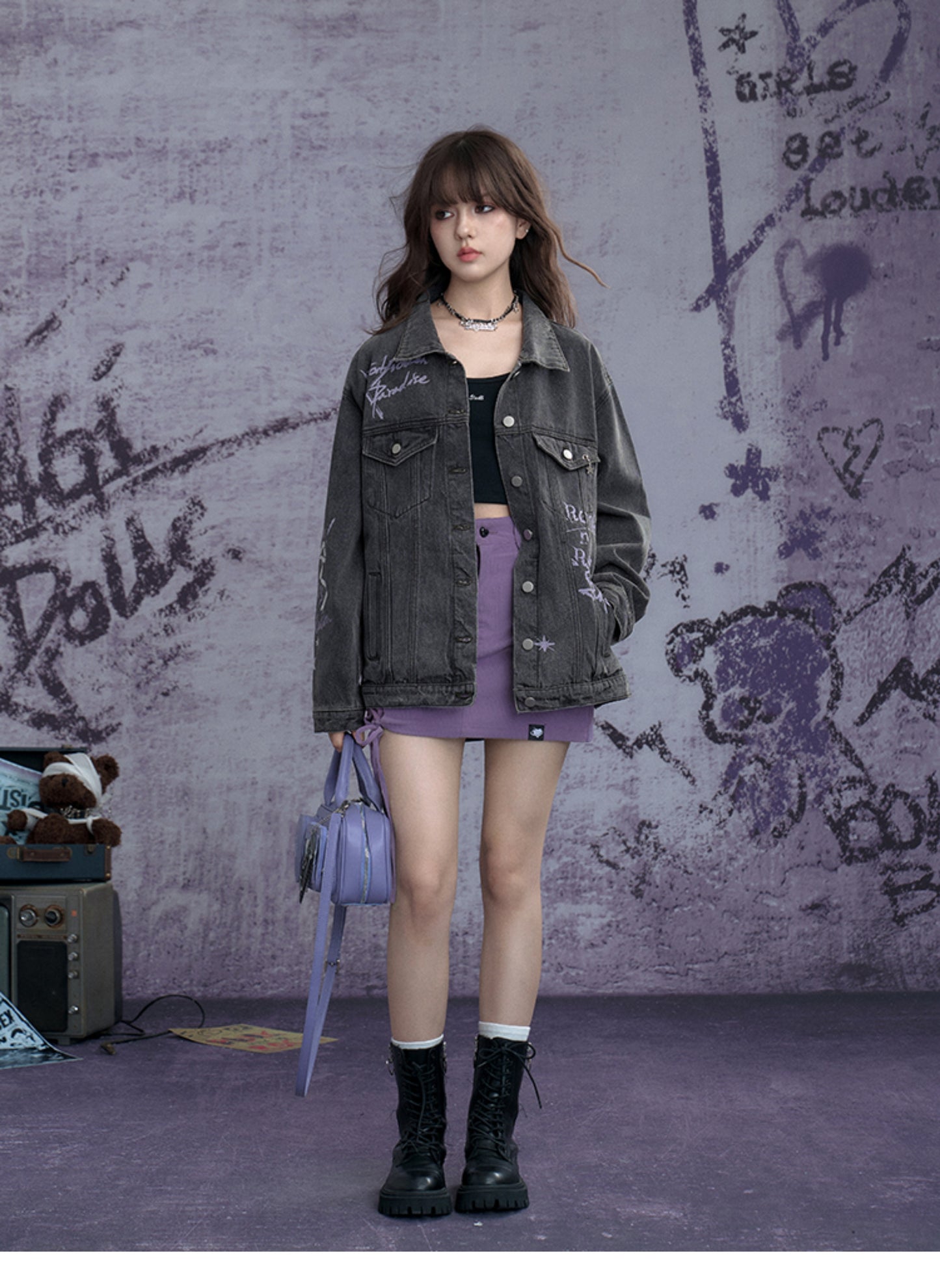 Washed Denim Jacket With Rock Graffiti Print