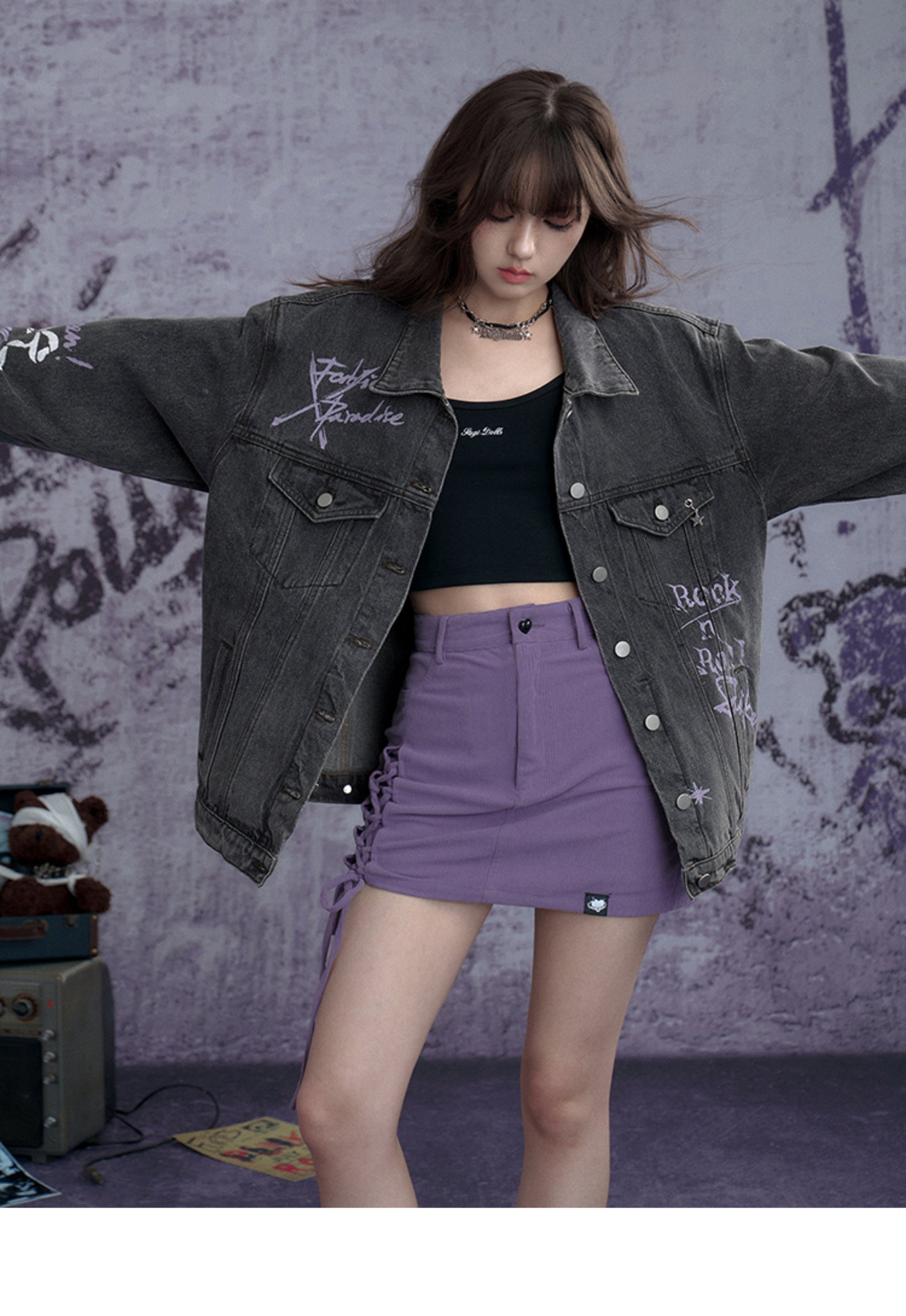 Washed Denim Jacket With Rock Graffiti Print