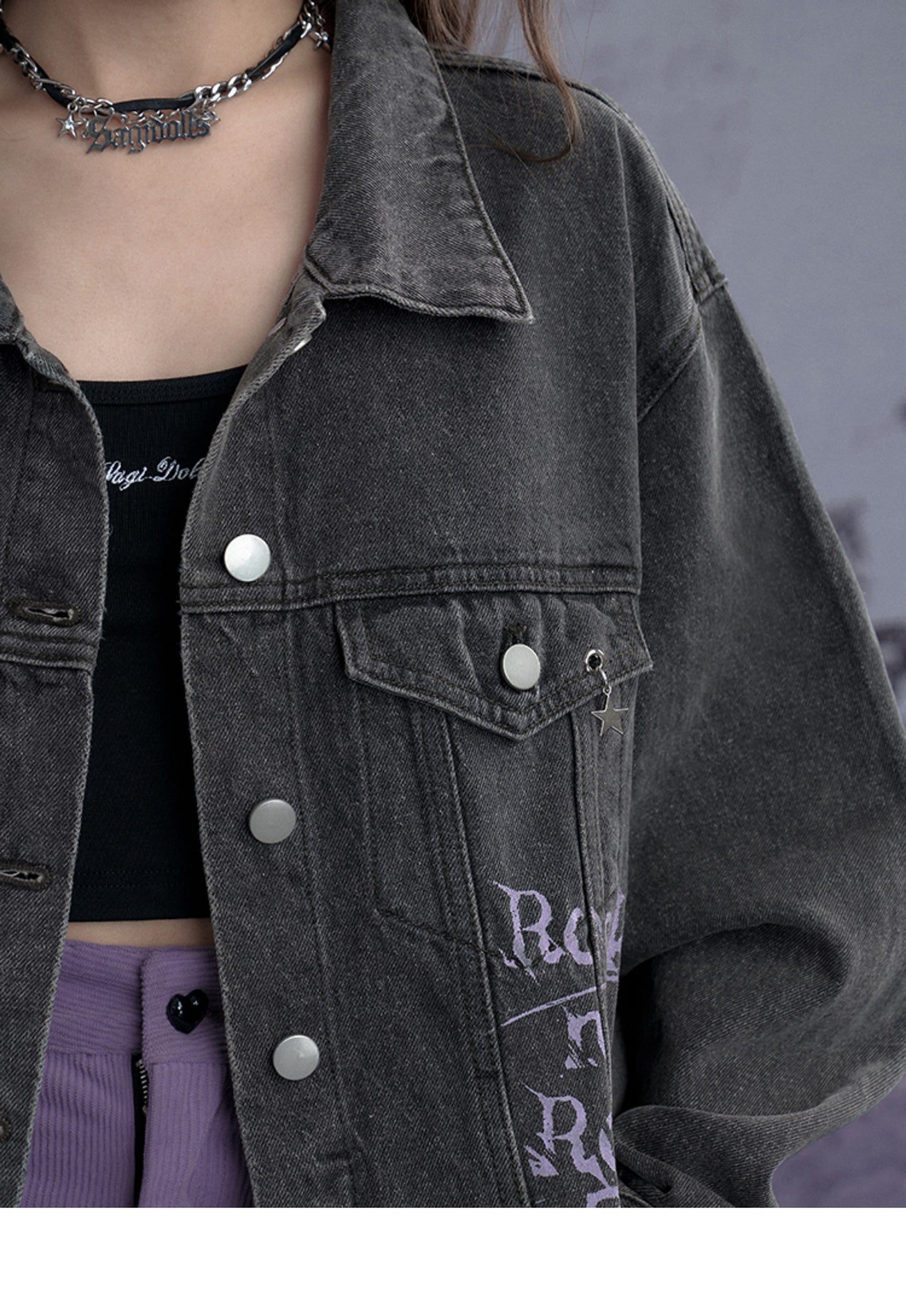 Washed Denim Jacket With Rock Graffiti Print