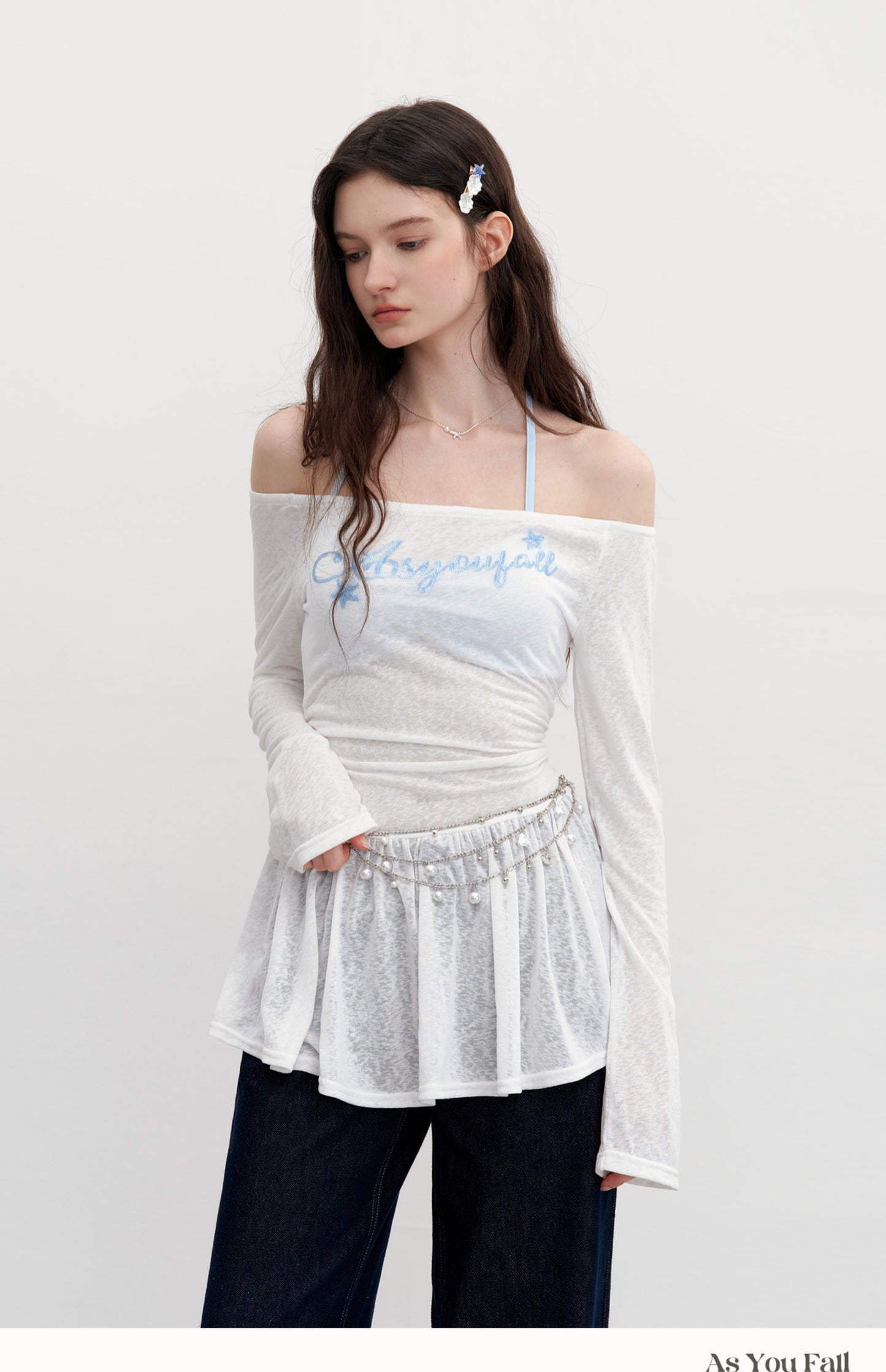 Off-Shoulder Peplum Top With Sequin Lettering