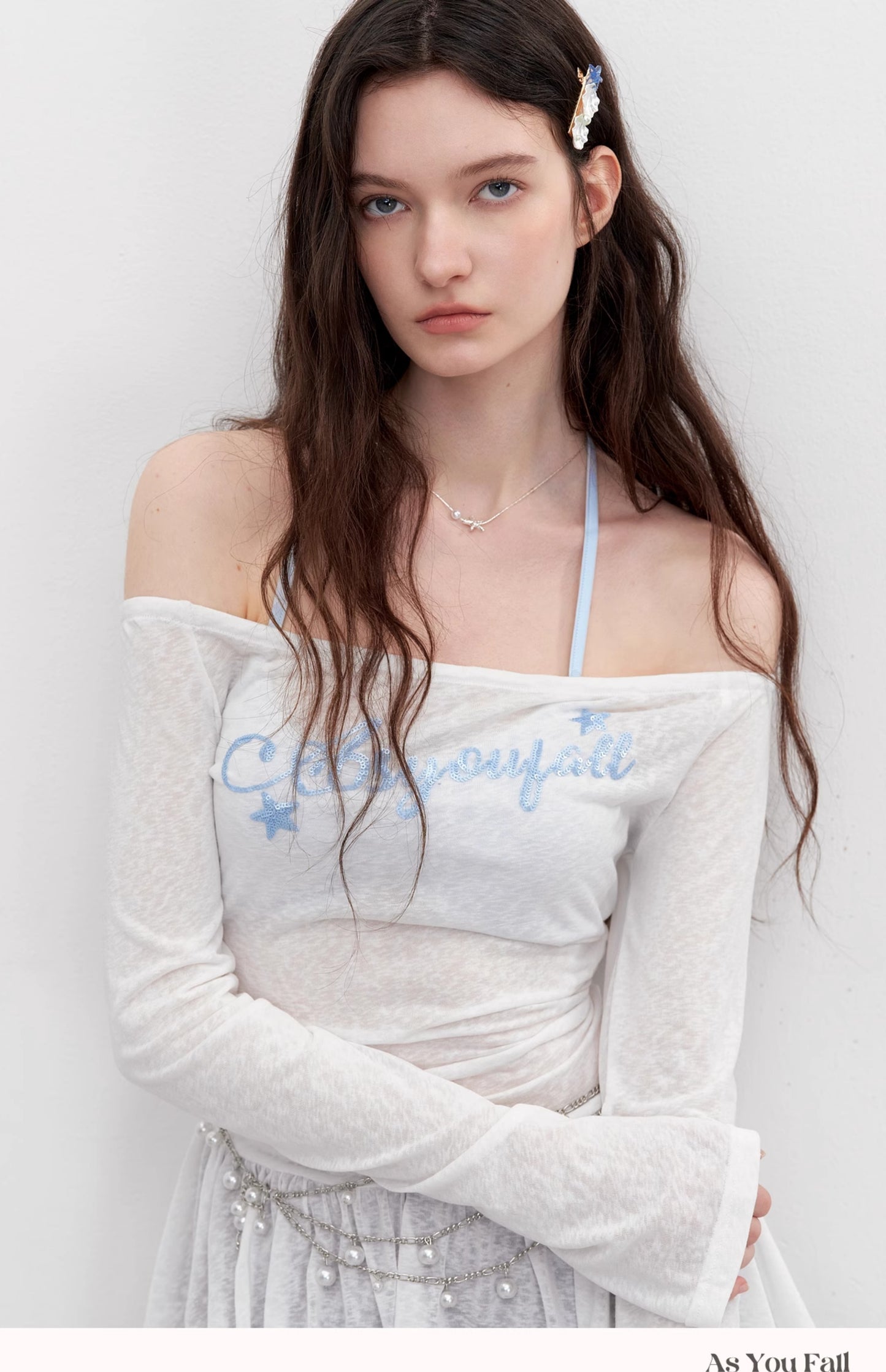 Off-Shoulder Peplum Top With Sequin Lettering