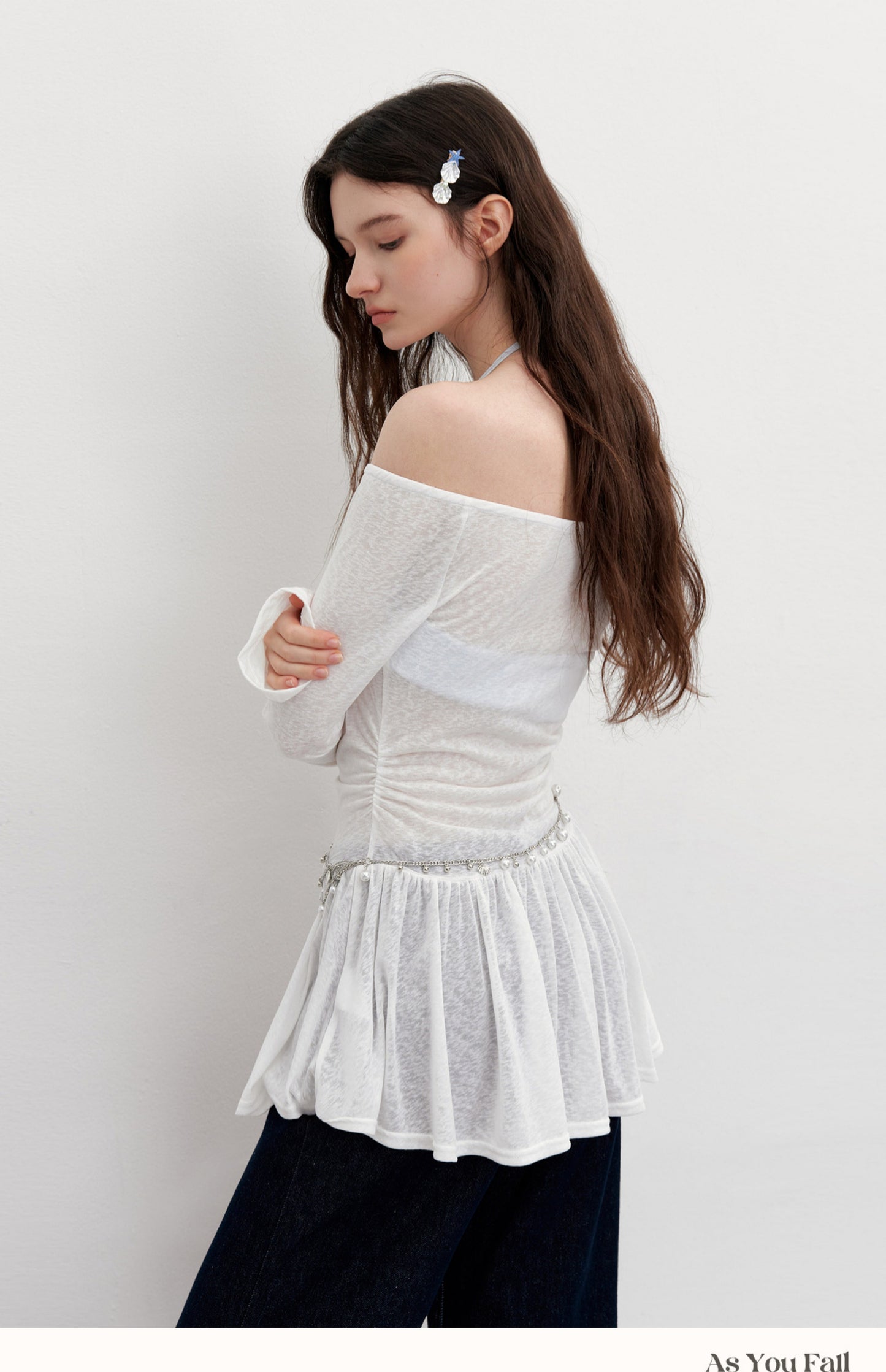 Off-Shoulder Peplum Top With Sequin Lettering