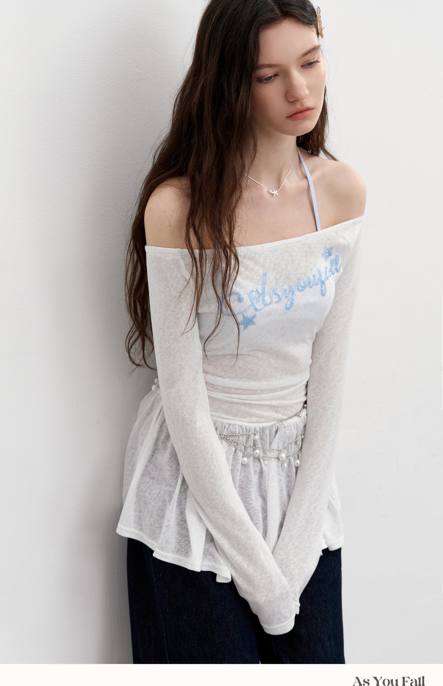 Off-Shoulder Peplum Top With Sequin Lettering