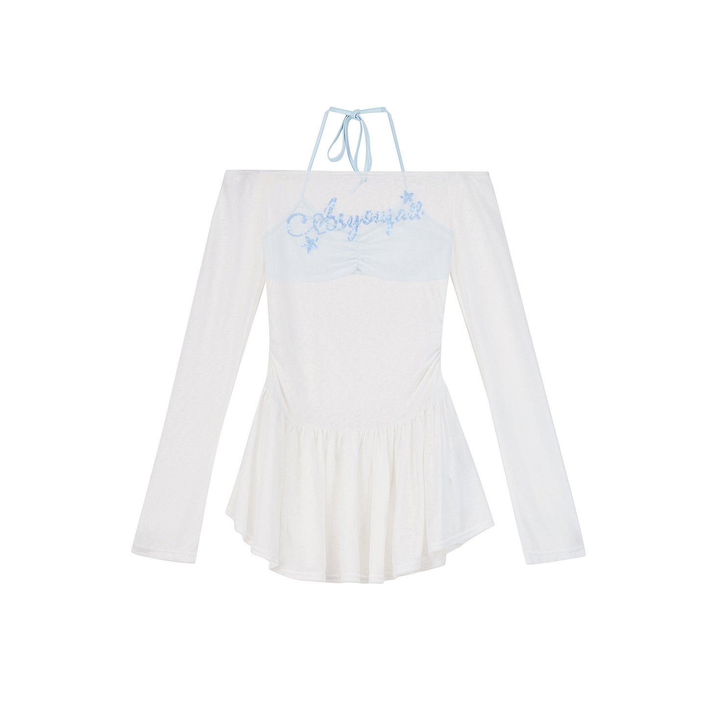 Off-Shoulder Peplum Top With Sequin Lettering