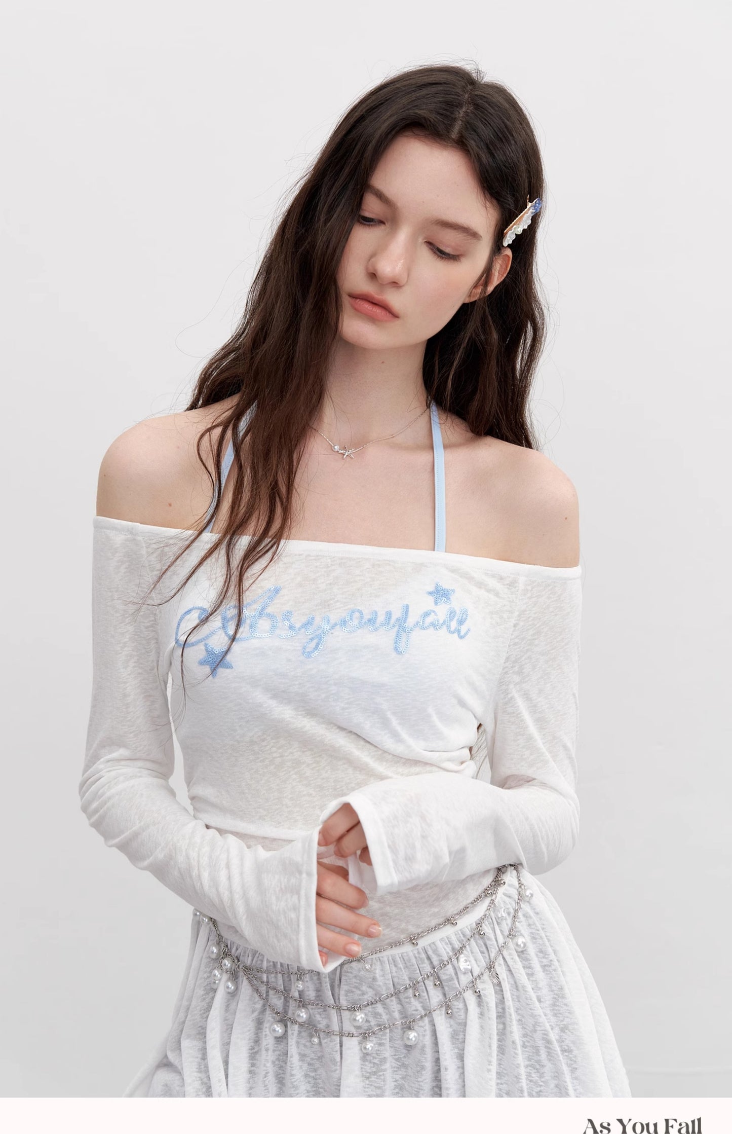 Off-Shoulder Peplum Top With Sequin Lettering