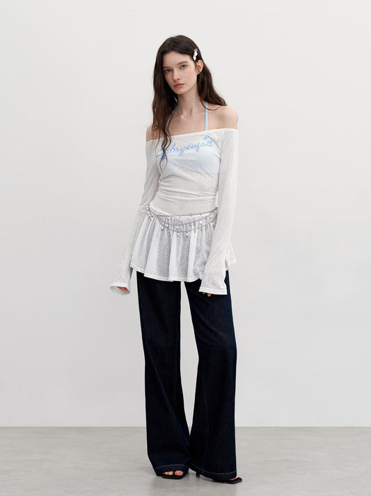 Off-Shoulder Peplum Top With Sequin Lettering