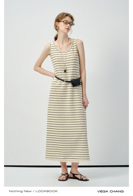 Fringed Striped Knitted Sleeveless Maxi Dress
