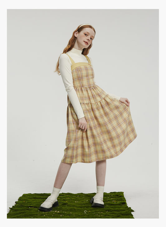 Paneled Plaid Strapped Midi Dress