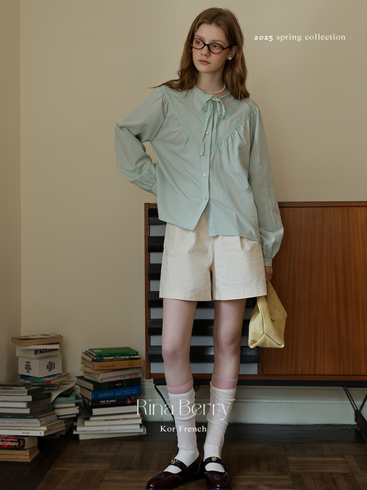 Gathered Lace Blouse With Tie Neck