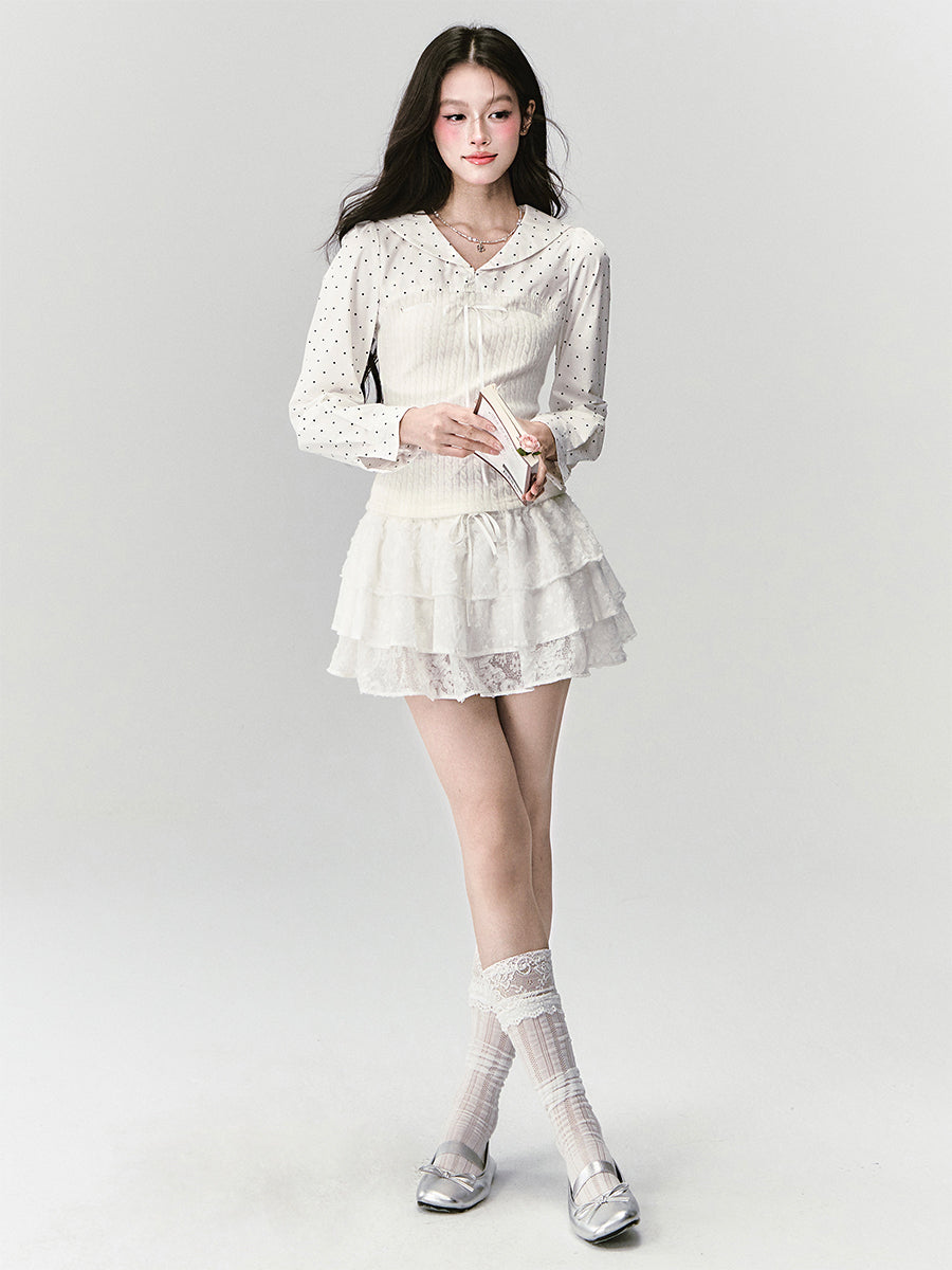 Sailor-Collar Polka Dot Knit-Panel Blouse