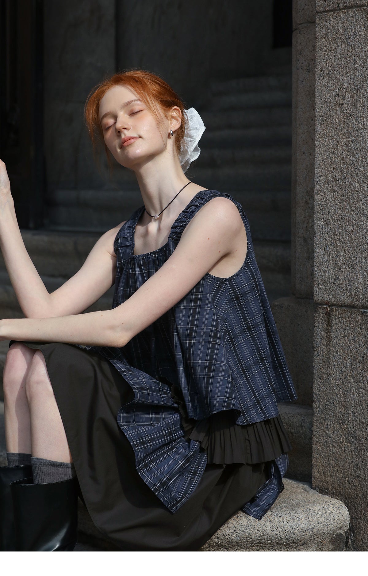 Plaid Two-Tone Tiered Dress With Ruched Shoulders