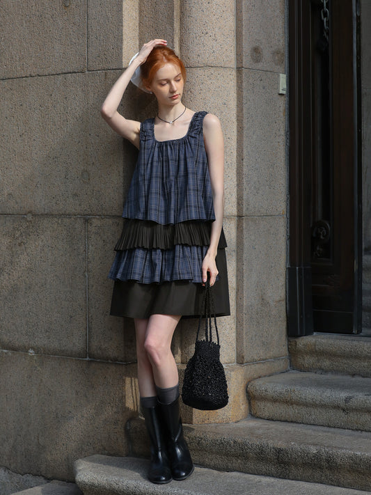 Plaid Two-Tone Tiered Dress With Ruched Shoulders