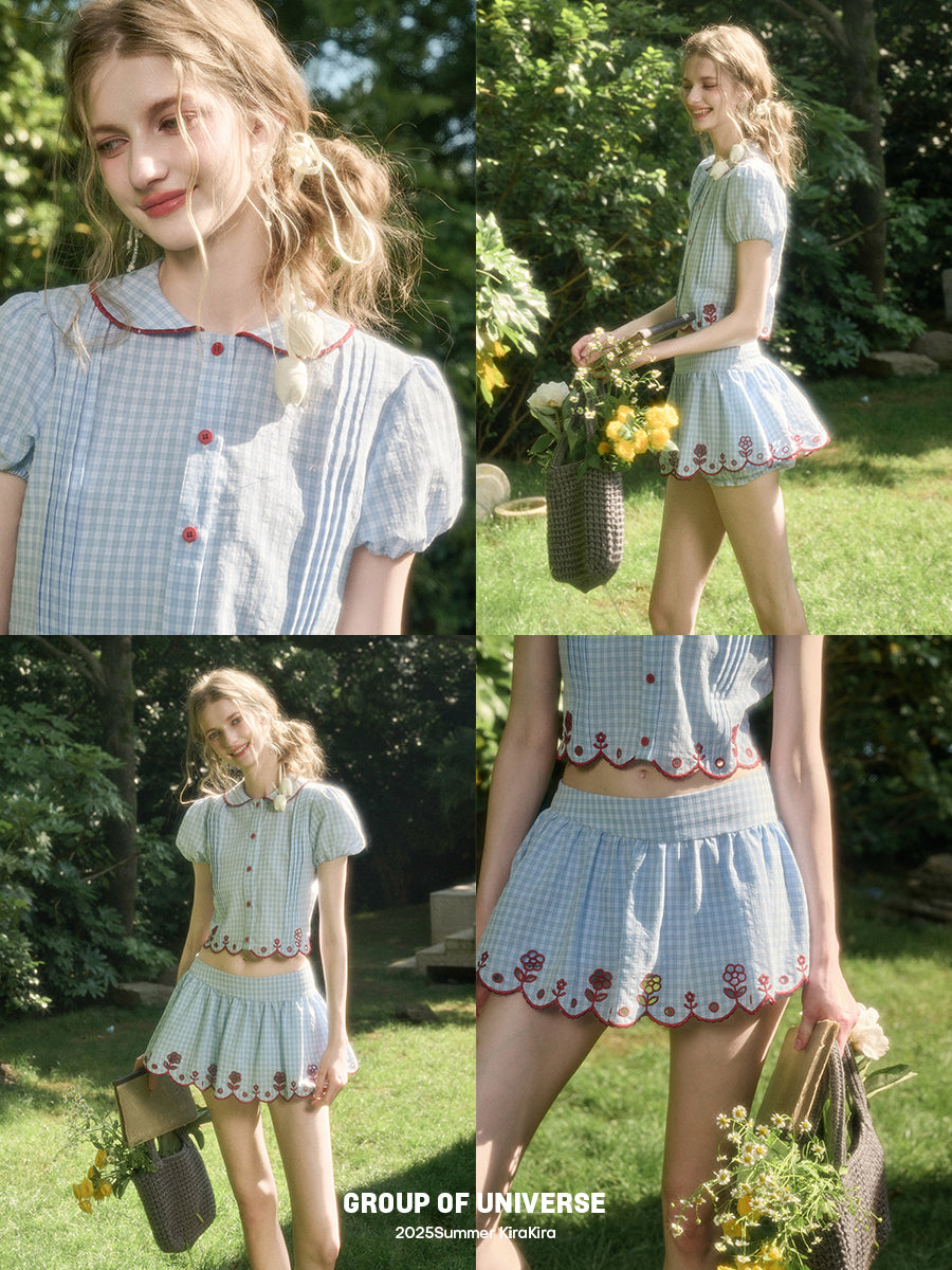 Scalloped Floral Gingham Two-Tone Set-Up