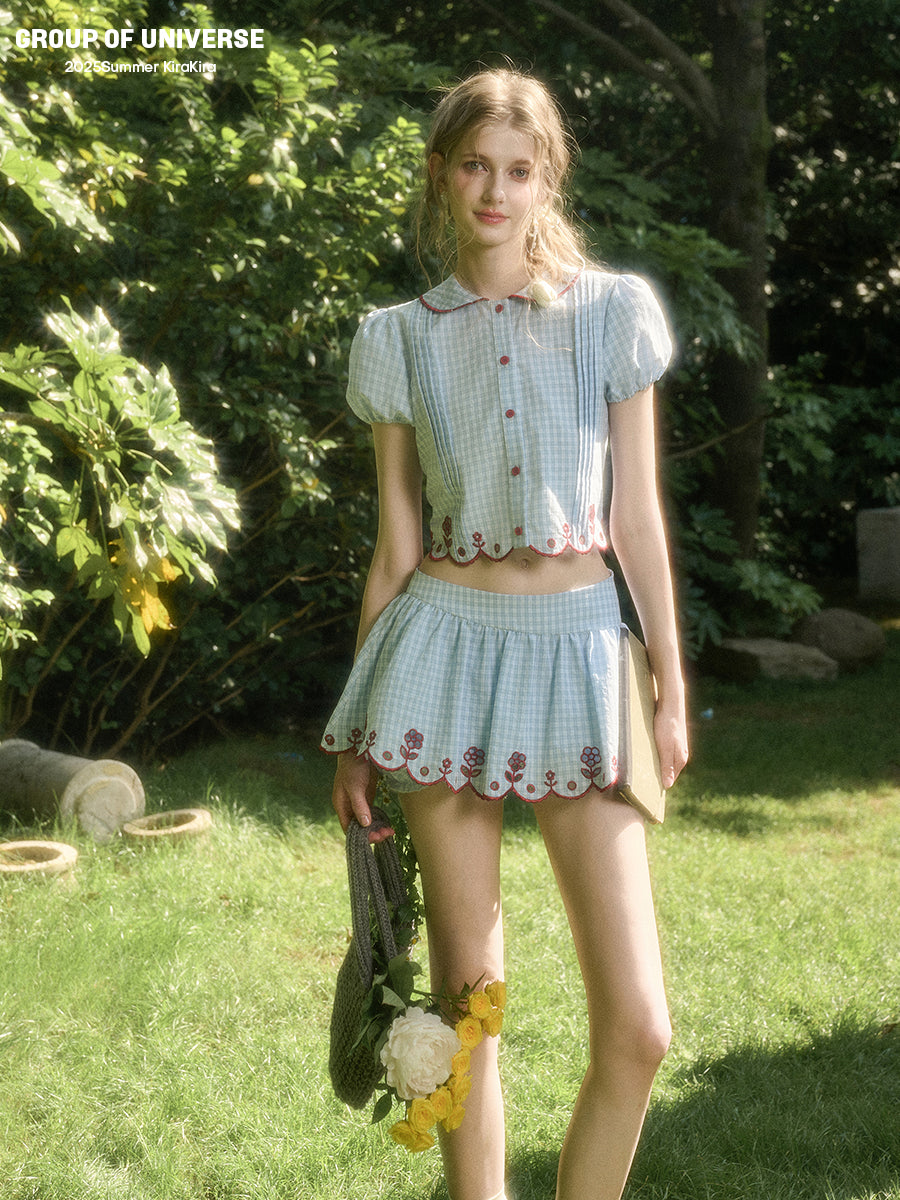 Scalloped Floral Gingham Two-Tone Set-Up