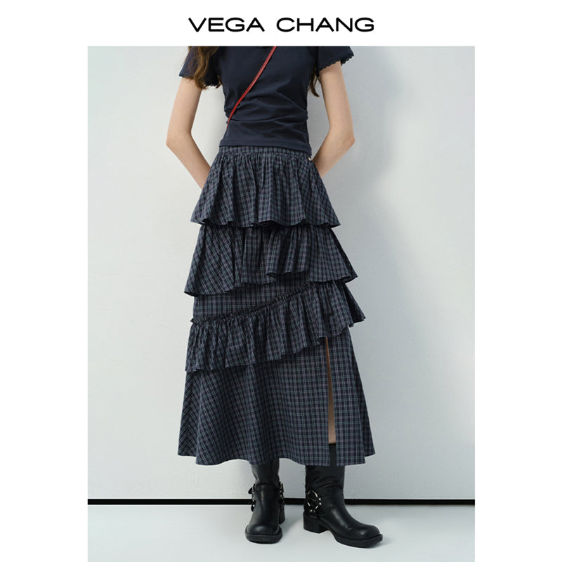Ruffled Tiered Plaid Maxi Skirt With Side Slit